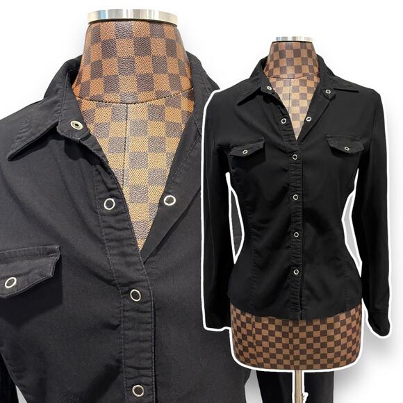 Vtg 2000s Y2K Michelle Black Snap Blouse M Stretch Long Sleeve Shirt Top Fitted - Picture 1 of 7